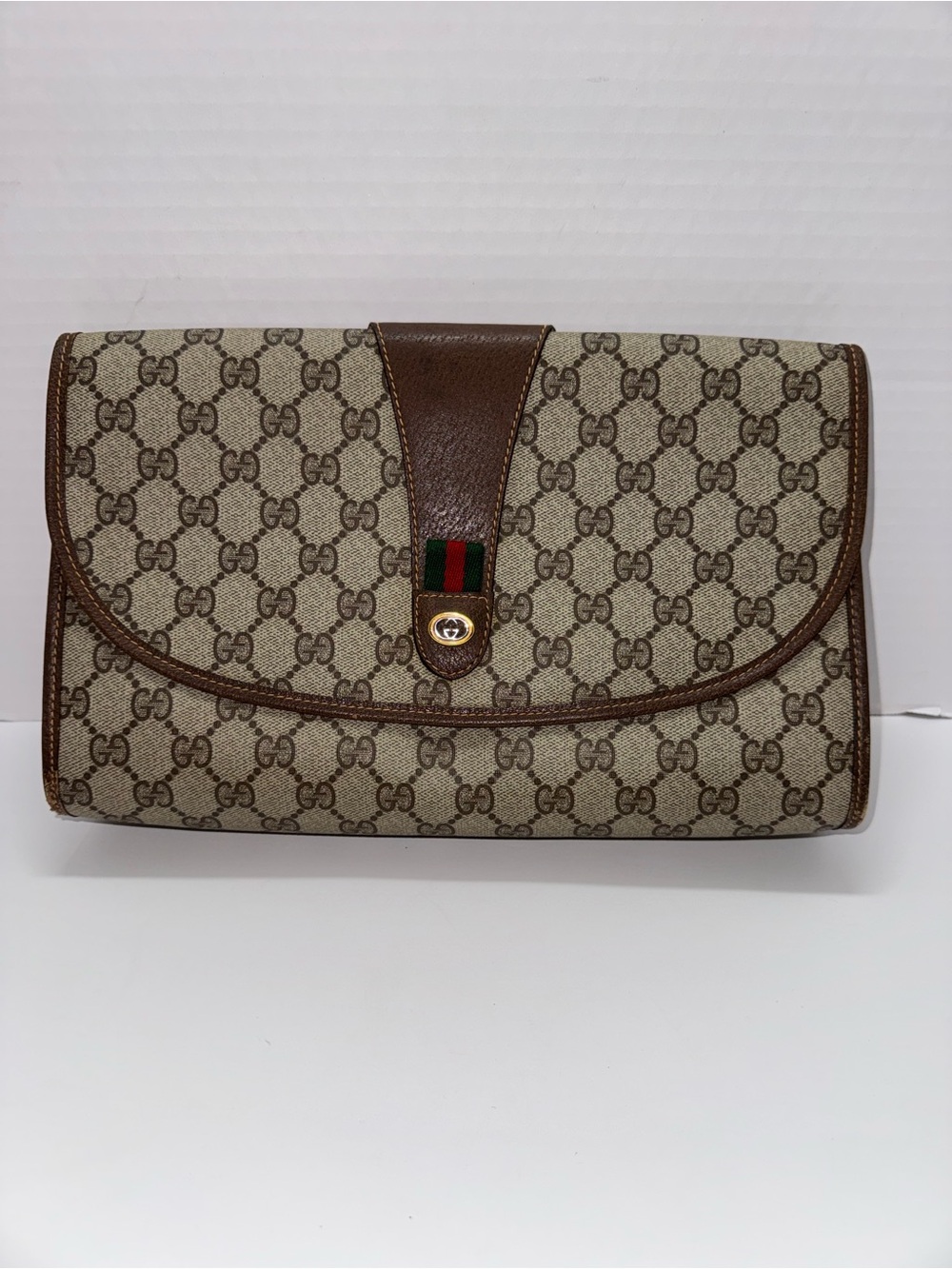 Gucci Beige GG Canvas Clutch with Brown Leather Trim and Green-Red Web